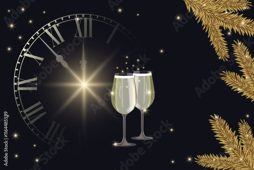 Happy New Year and Christmas background with golden clock, branches of the Christmas tree decorations and the falling snow. Xmas banner. Vector illustration.