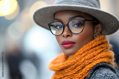 Woman with stylish glasses and hat in snowy urban setting during winter