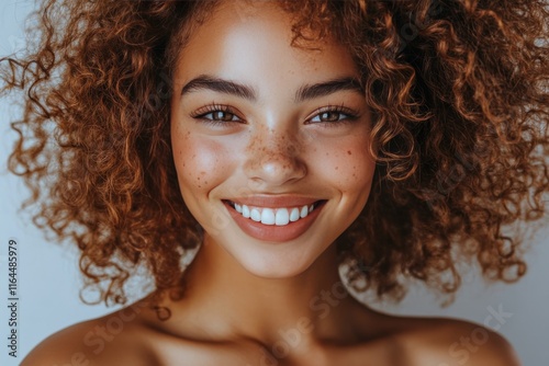 Beautiful woman with curly hair smiling against a neutral background during d...