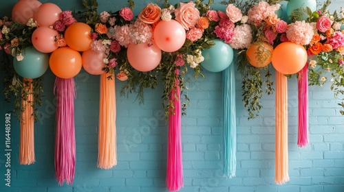 Vibrant floral archway with colorful balloons and tassels at a festive outdoo...