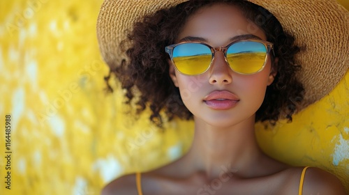 Stylish summer portrait of a woman with curly hair and sunglasses against a y...