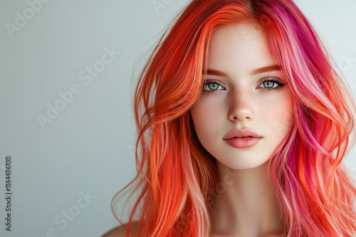 Young woman with vibrant orange and pink hair showcasing beauty and confidenc...