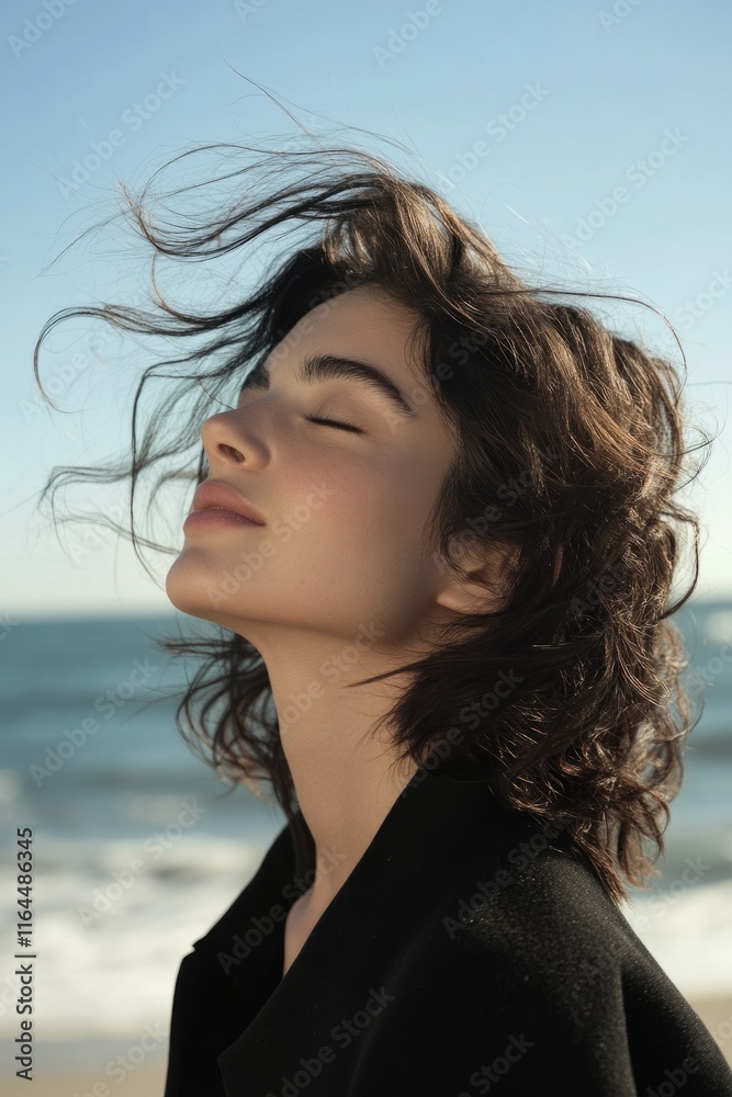 Beautiful young woman enjoying the fresh air and the sea breeze with closed eyes and blowing hair, vertical Beautiful young woman enjoying the fresh air and the sea breeze with closed eyes and blowing hair, vertical