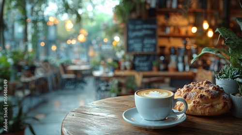 Coffee and pastry on a wooden table in a cozy cafe with greenery and warm lights