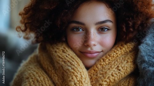 Young woman relaxing with closed eyes wrapped in cozy fur blanket at home dur...