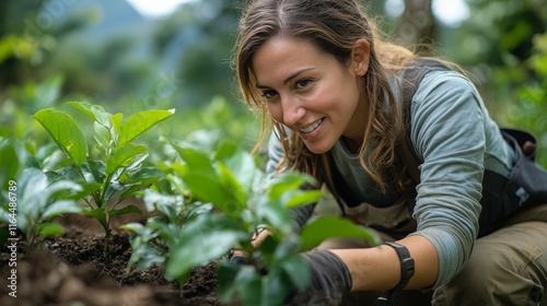 Young woman cultivating plants in a garden during late afternoon sunlight