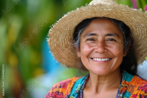 Smiling girl wearing a straw hat enjoys a sunny day at a beachside bar in summer