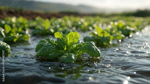 Fresh lettuce growing in a water-filled field under morning sunlight near a m...
