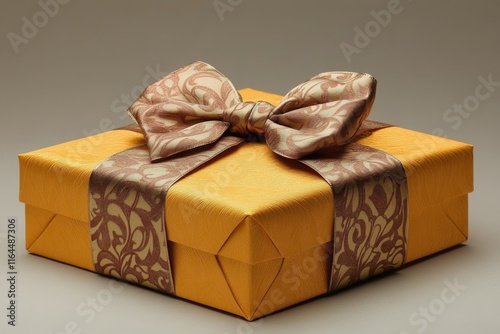 Bright yellow gift box with ribbon on neutral background ready for special oc...