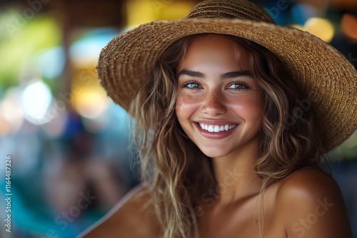 Smiling girl wearing a straw hat enjoys a sunny day at a beachside bar in summer