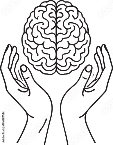 Elegant Line Drawing of a Brain and Hands in Minimalist Style photo