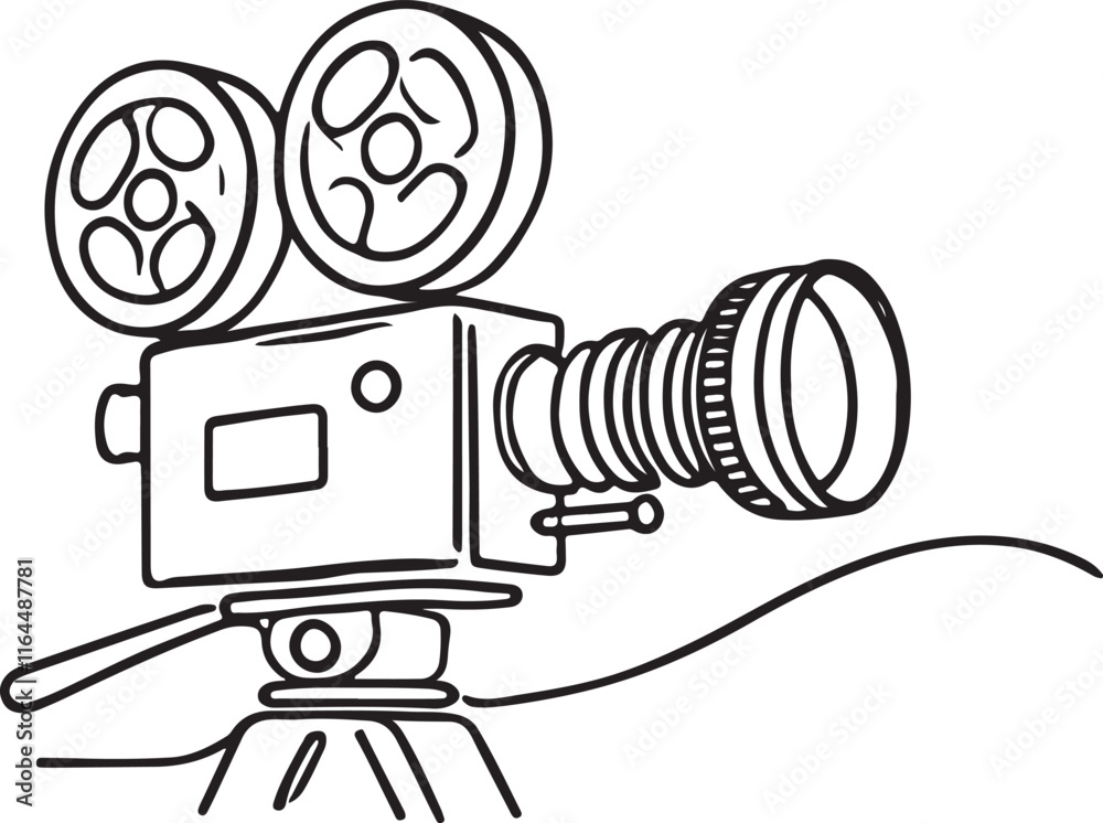 Black and White Line Drawing of a Movie Camera in Minimalist Art
