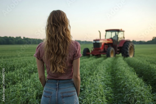 Woman smiling in green field with tractor in background during golden hour