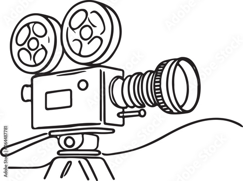 Black and White Line Drawing of a Movie Camera in Minimalist Art