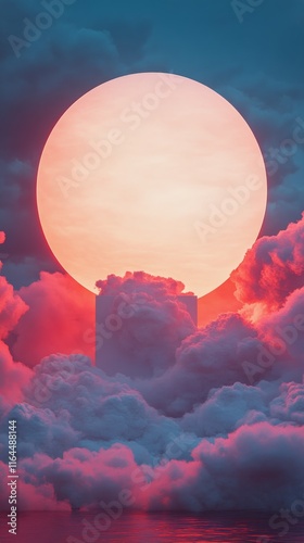 Sunset sky with soft pink clouds and a large white sun illuminating the horizon