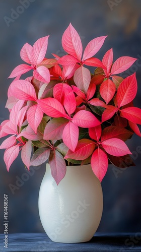 Colorful pink leaves in a minimalist round vase against a neutral background