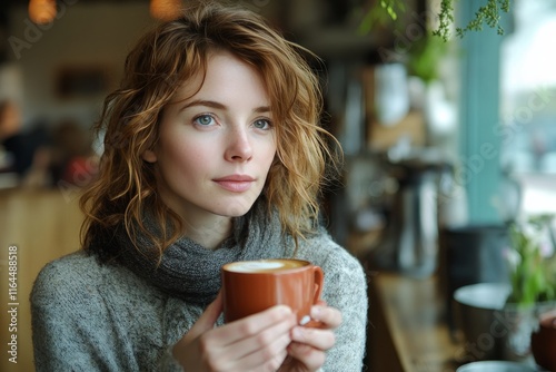 Cozy woman enjoying a warm beverage indoors on a chilly day with soft lights ...