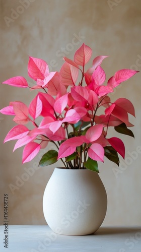 Colorful pink leaves in a minimalist round vase against a neutral background