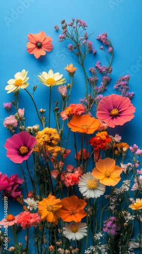 Colorful flower arrangement with a bright blue background showcasing various ...