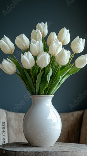 White tulips arranged in a simple vase on a wooden table in a cozy living roo...