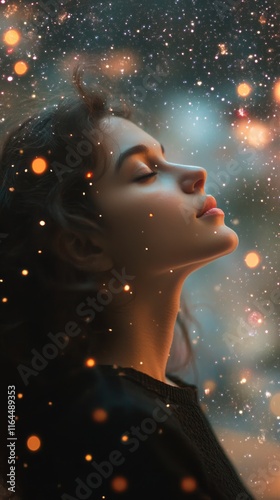 Woman reflecting amidst a celestial background of stars and galaxies in a dre...