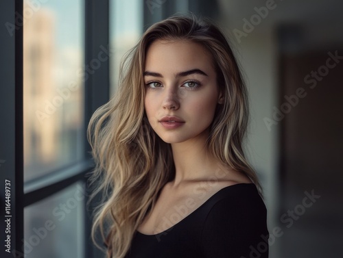A woman with long blonde hair is standing in front of a window. She is wearing a black shirt Free Download A woman with long blonde hair is standing in front of a window. She is wearing a black shirt - GFXLoad