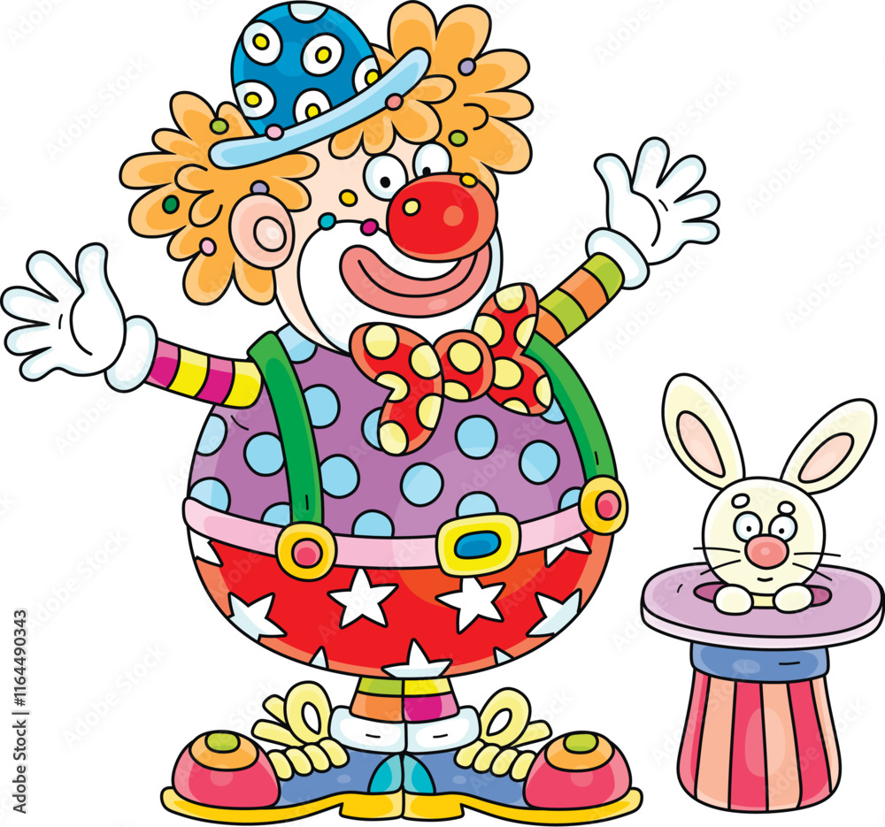 Obraz premium Funny red circus clown conjuring tricks with a magic hat and a white rabbit in a fun performance, vector cartoon illustration on a white background
