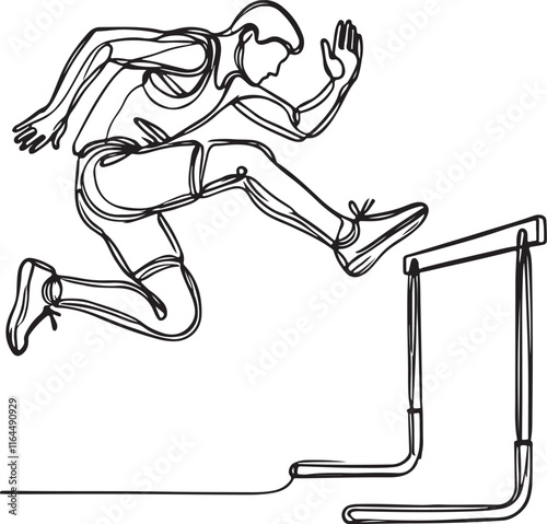 Athlete Running Hurdles in Simple Line Art on White Background
