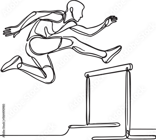 Athlete Running Hurdles in Simple Line Art on White Background
