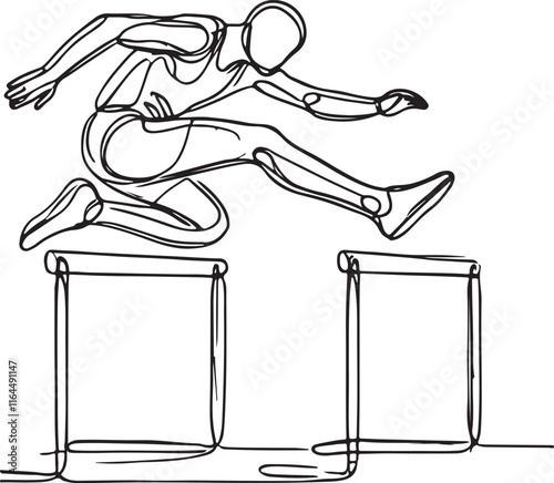 Athlete Running Hurdles in Simple Line Art on White Background