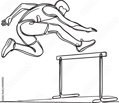 Athlete Running Hurdles in Simple Line Art on White Background