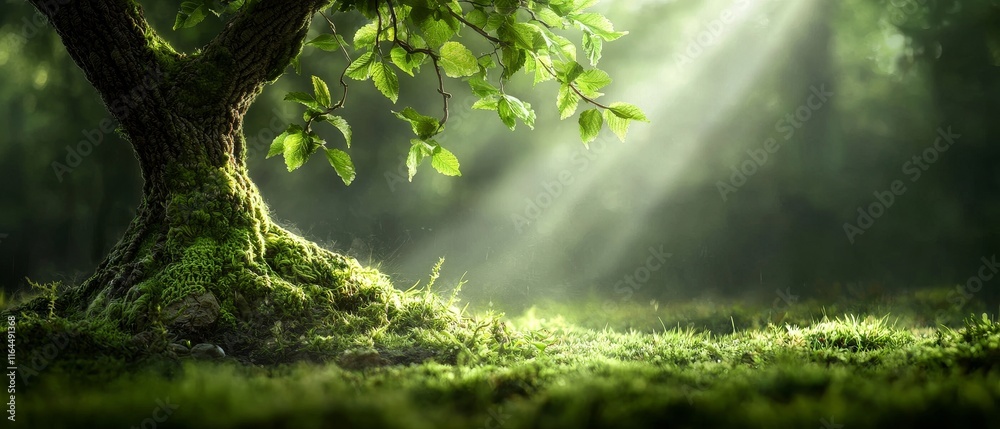 Fototapeta premium Serene Mossy Tree Base Sunlight in Forest Nature Scene
