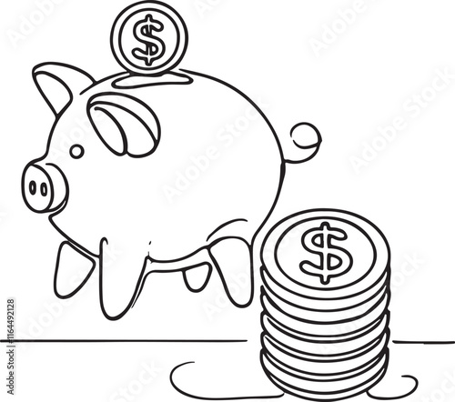 Piggy Bank Illustration with Dollar Coin in Line Art Style photo