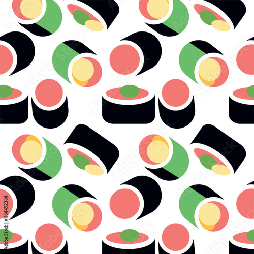 Vector seamless sushi pattern. Vector roll for menu design, business cards, banner. Japanese food. Drawing style, black and red colors.