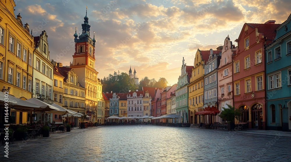 Fototapeta premium Colorful historic town square at sunset.