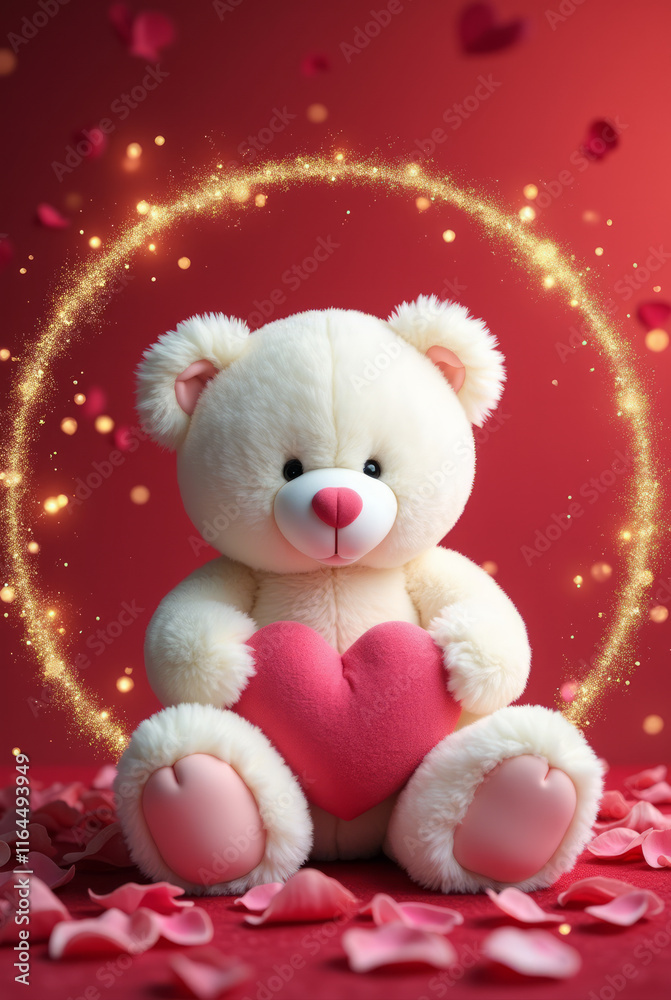 A Luxurious Valentine’s Day Composition Featuring a White Teddy Bear Holding a Pink Heart Seated in a Plush Chair