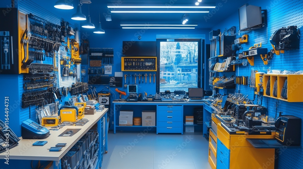 Naklejka premium tech repair shop with friendly technicians fixing gadgets, neatly arranged tools