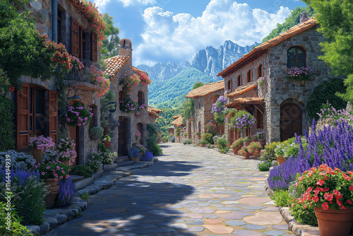 Photo réaliste professionnelle d’une rue charmante provençale avec des paniers suspendus de fleurs, des buissons de lavande vibrants et des maisons en pierre rustiques avec des volets