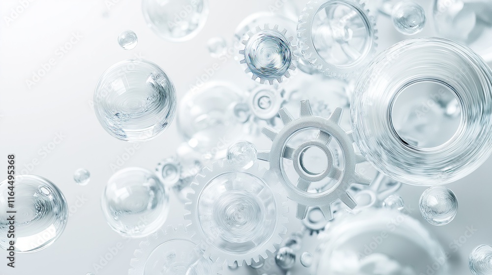 transparent gears and soft, glowing energy spheres on a white background transparent gears and soft, glowing energy spheres on a white background