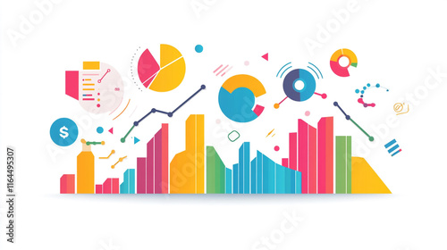 Abstract modern business background with various geometric lines and graph or column, Bright advertising layout with playful shapes and dynamic geometric patterns, Abstract geometric pattern.
