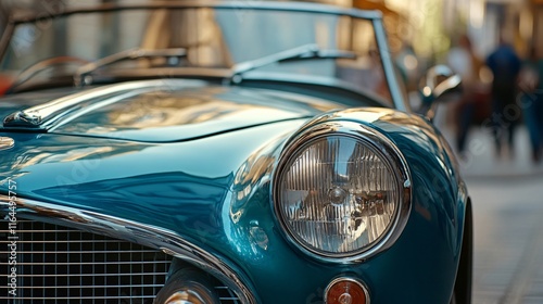 Blue car with chrome trim and a shiny headlight. The car is parked on a street with people walking by photo