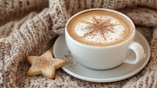 Winter cappuccino coffee in a white cup with star shaped christmas cookies