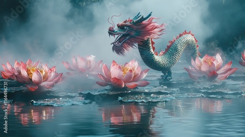 A dragon dance team performing on a series of floating lotus leaves in a misty pond. photo