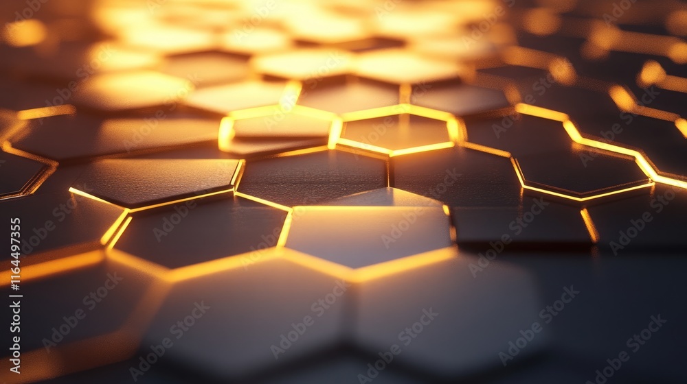 Obraz premium Abstract hexagonal metallic surface with warm light glow.