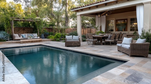 A large pool with a patio area and awning