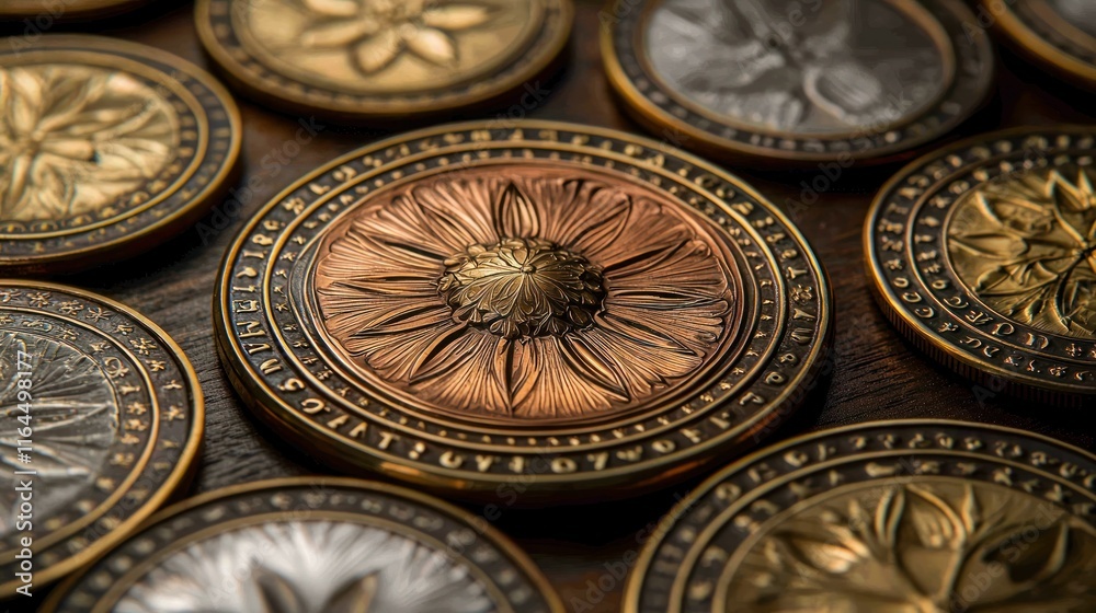 Close-up of several engraved metal coins with floral designs. Close-up of several engraved metal coins with floral designs.
