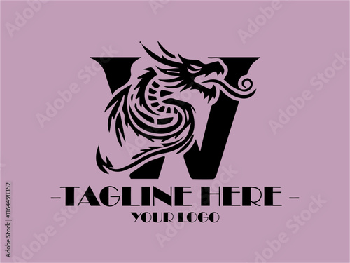 Black dragon creating letter W on lavender background. Suitable for fantasythemed designs, logos, or products related to mythical creatures or alphabets
