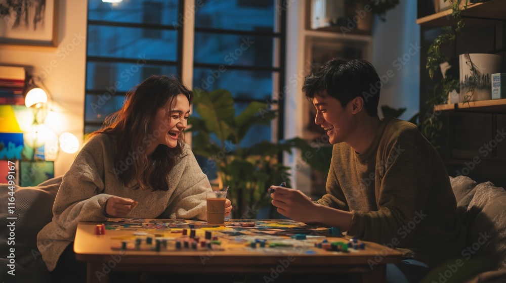 Fototapeta premium young couple playing board games, laughing, and sipping coffee, with soft lighting and comfy furniture