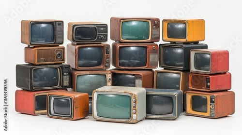 This image shows small vintage TVs stacked together in various designs and colors, capturing a retro vibe with elements of classic electronics from previous eras. photo