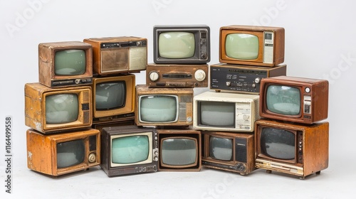 This collection features a stack of old televisions with differing designs, colors, and wear, creating a visual reminiscent of past media consumption era. photo